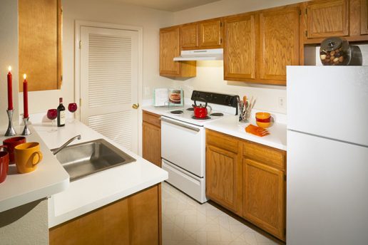 Kitchen with pantry, fridge, sink and oven